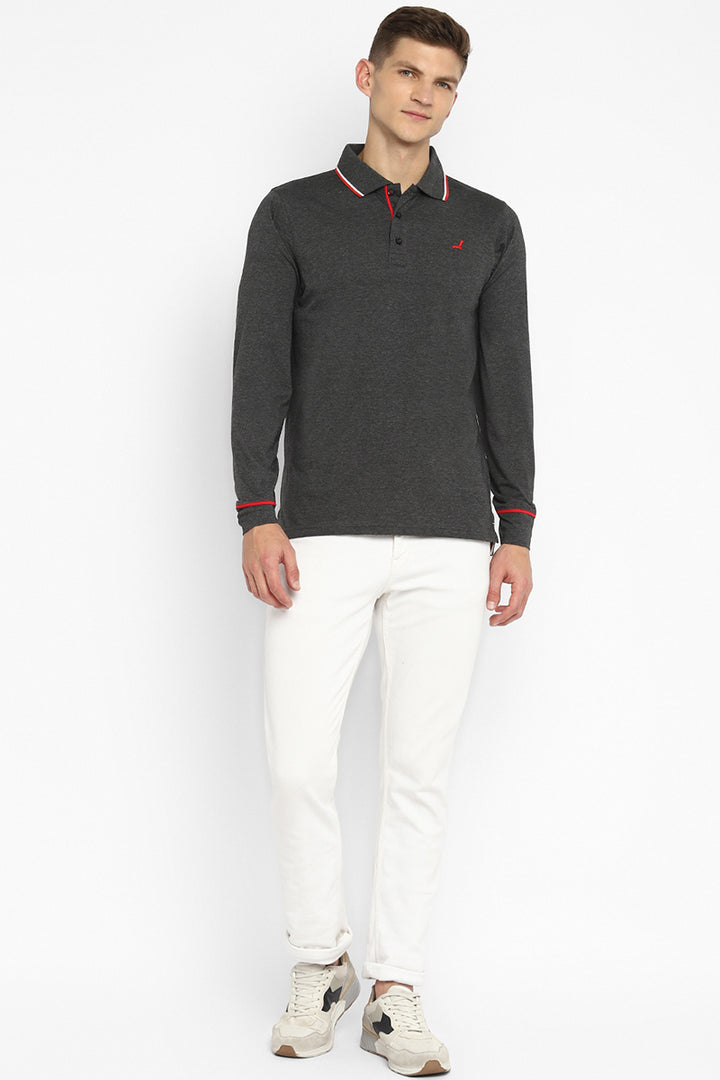 Polo Collar Full Sleeves T-Shirt for Men - Charcoal Melange
