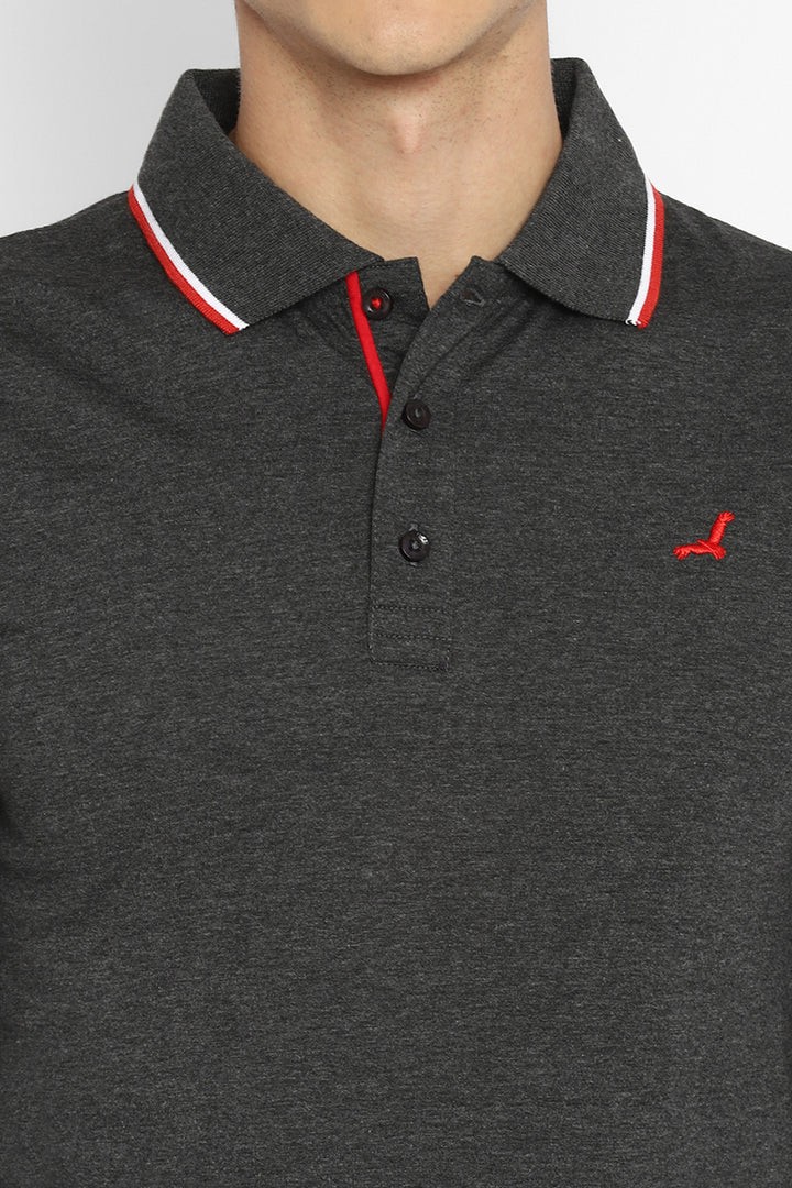 Polo Collar Full Sleeves T-Shirt for Men - Charcoal Melange