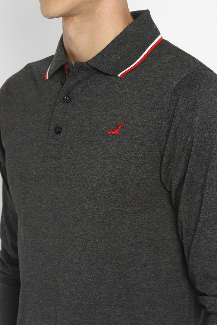 Polo Collar Full Sleeves T-Shirt for Men - Charcoal Melange
