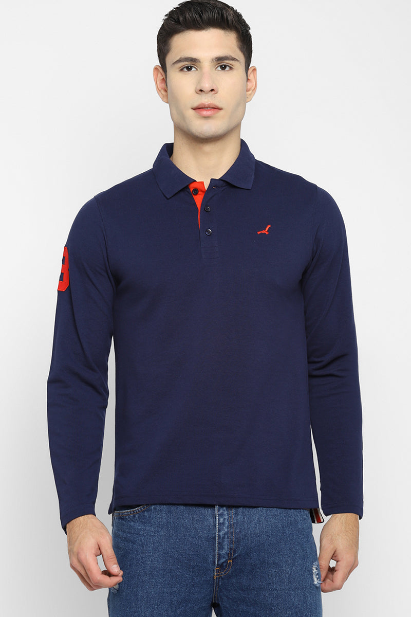 Men's Polo Collar Full Sleeves T-Shirt - Navy Blue