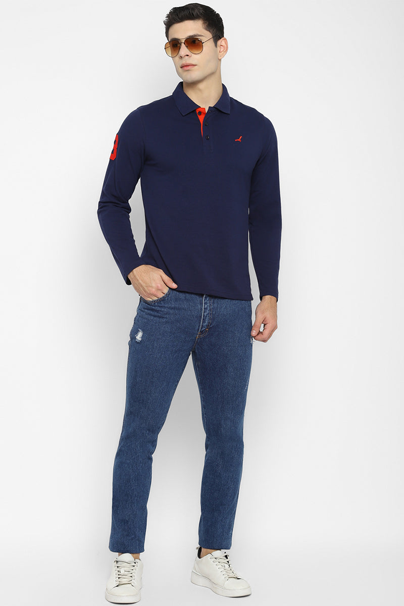 Men's Polo Collar Full Sleeves T-Shirt - Navy Blue