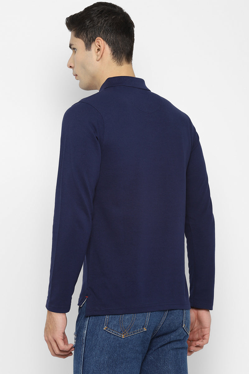 Men's Polo Collar Full Sleeves T-Shirt - Navy Blue