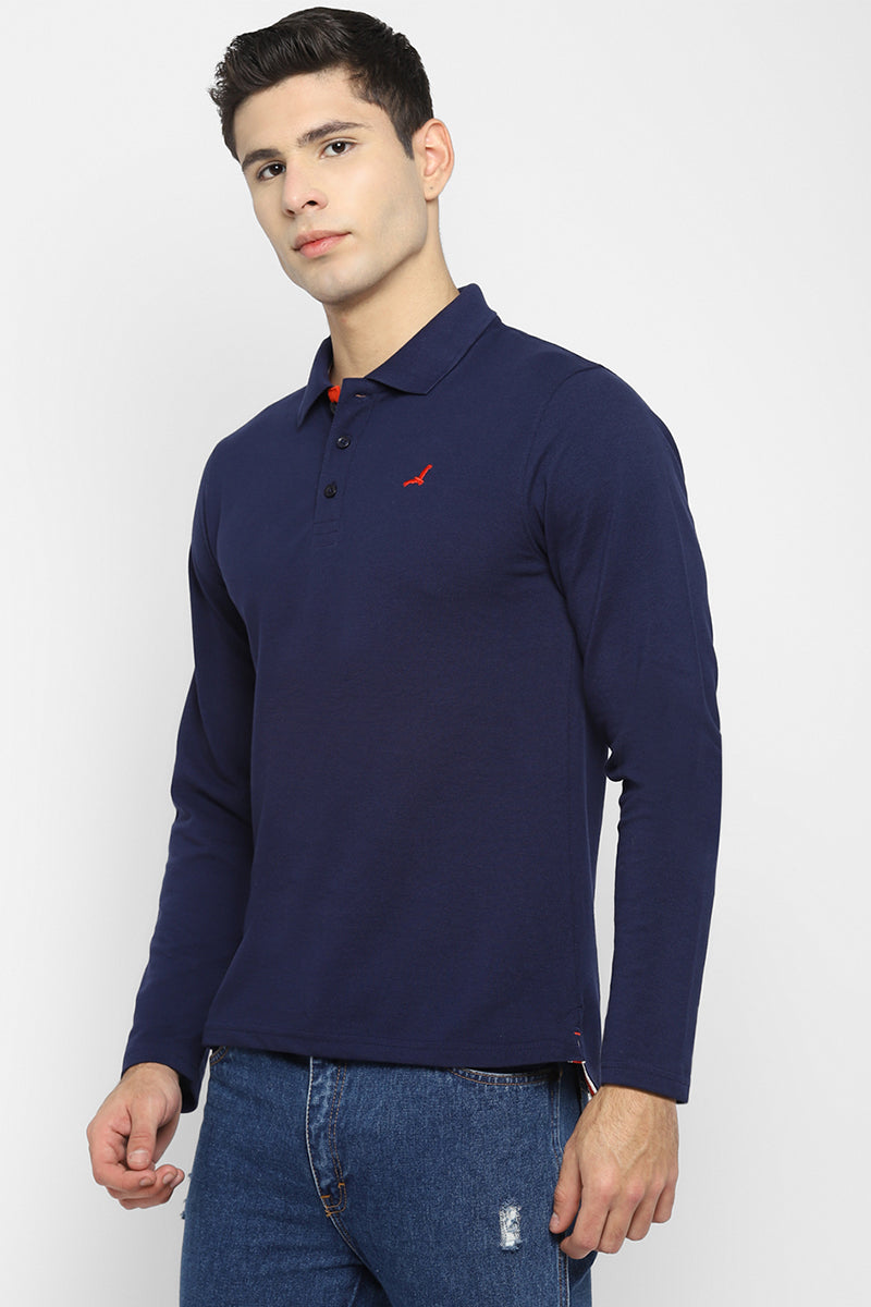 Men's Polo Collar Full Sleeves T-Shirt - Navy Blue