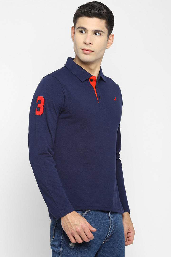 Men's Polo Collar Full Sleeves T-Shirt - Navy Blue