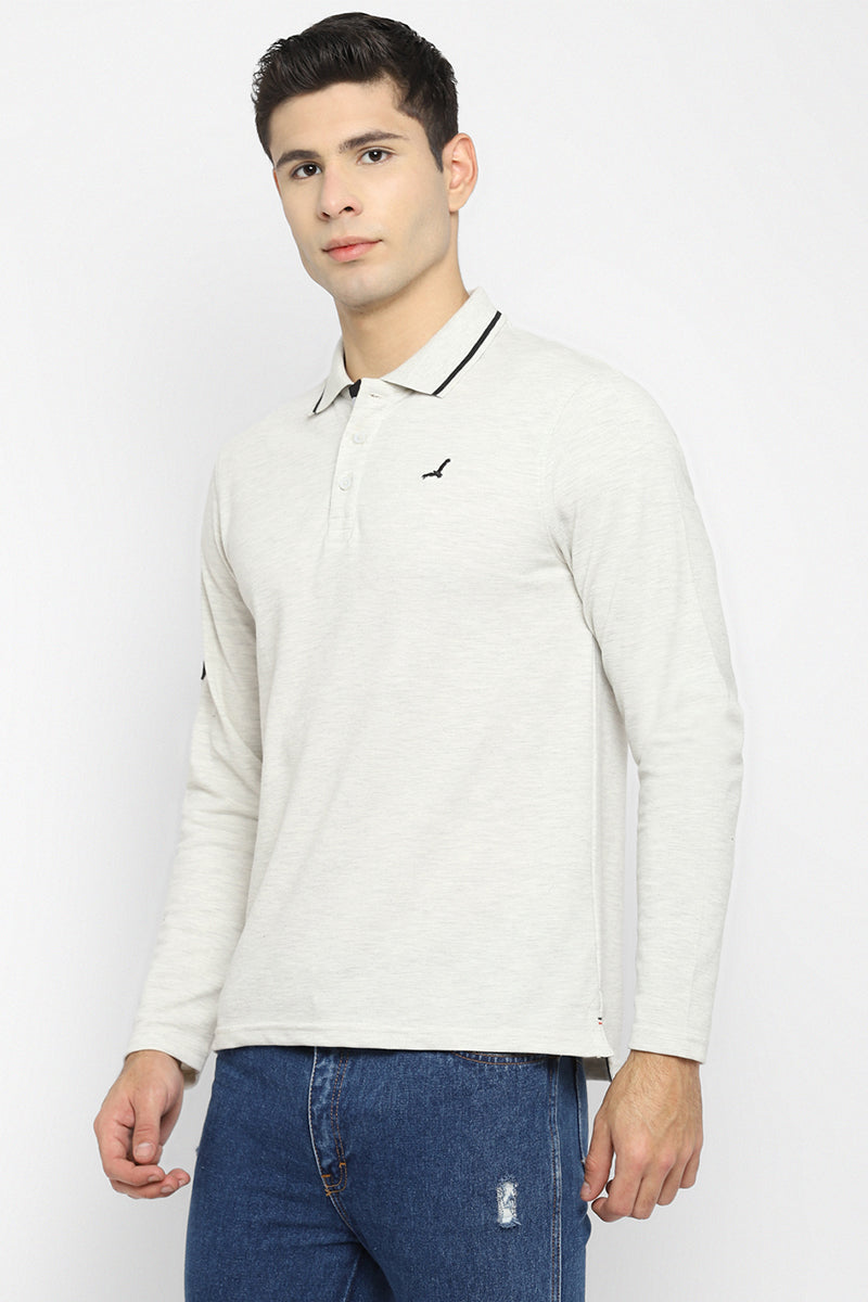 Men's Polo Collar Full Sleeves T-Shirt - Oatmeal Melange