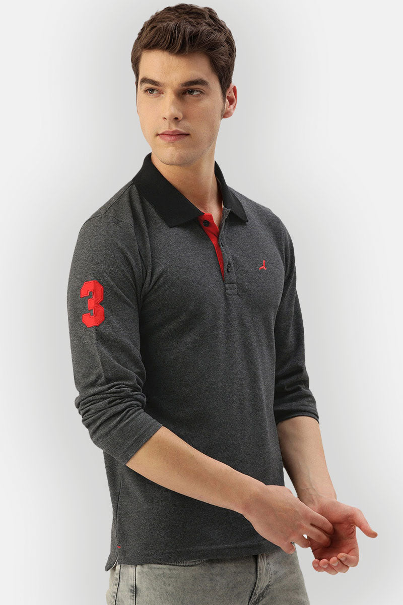 Men's Polo Collar Full Sleeves T-Shirt - Charcoal Melange