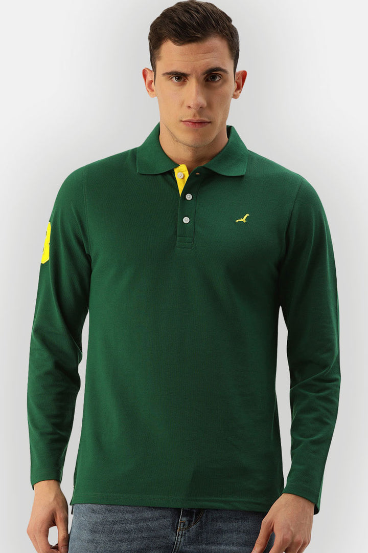 Men's Polo Collar Full Sleeves T-Shirt - Dark Green