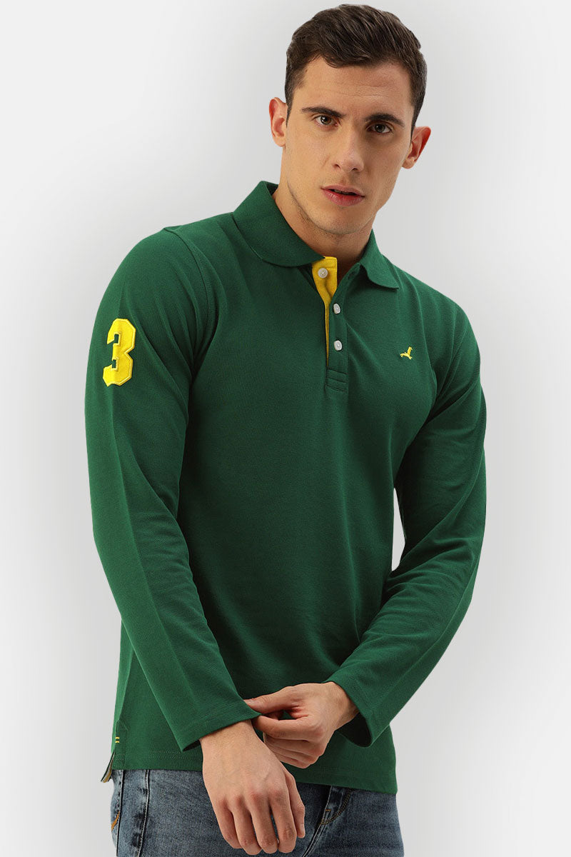 Men's Polo Collar Full Sleeves T-Shirt - Dark Green