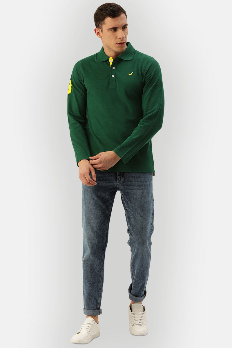 Men's Polo Collar Full Sleeves T-Shirt - Dark Green