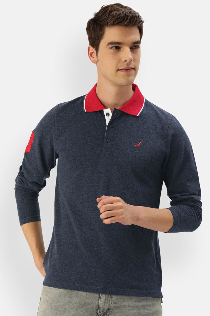 Men's Polo Collar Full Sleeves T-Shirt - Navy Melange