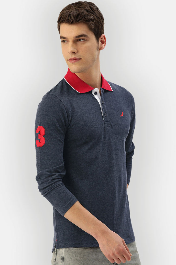 Men's Polo Collar Full Sleeves T-Shirt - Navy Melange