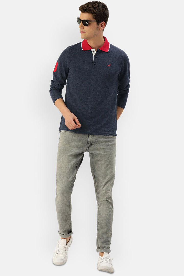 Men's Polo Collar Full Sleeves T-Shirt - Navy Melange