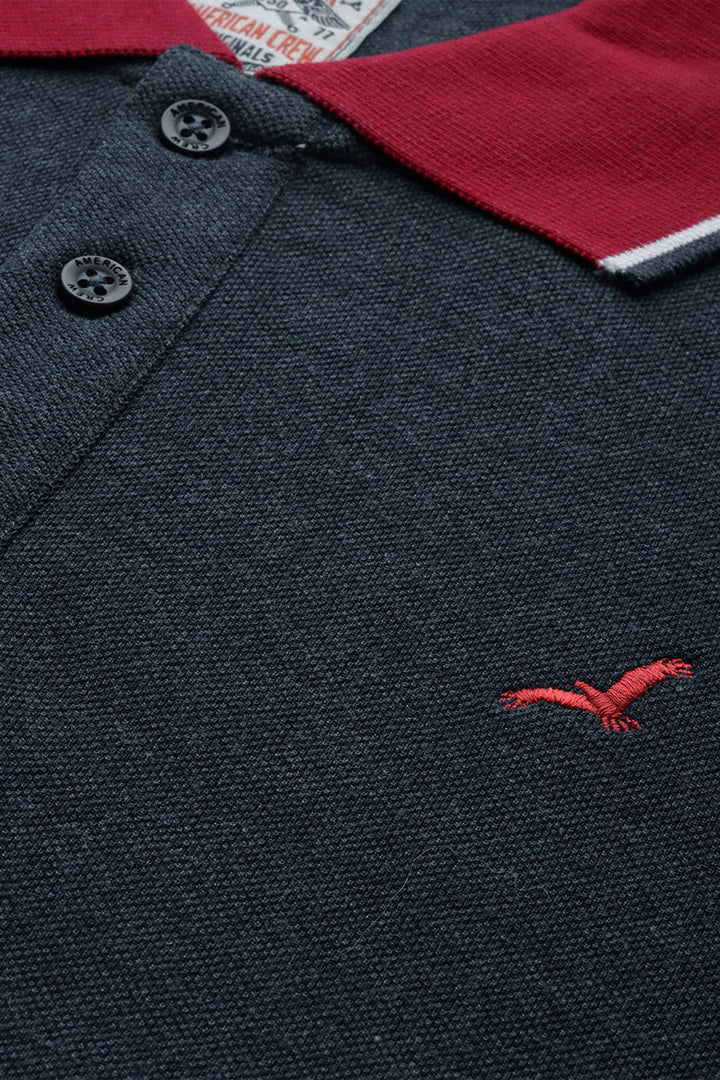 Men's Polo Collar Full Sleeves T-Shirt - Navy Melange