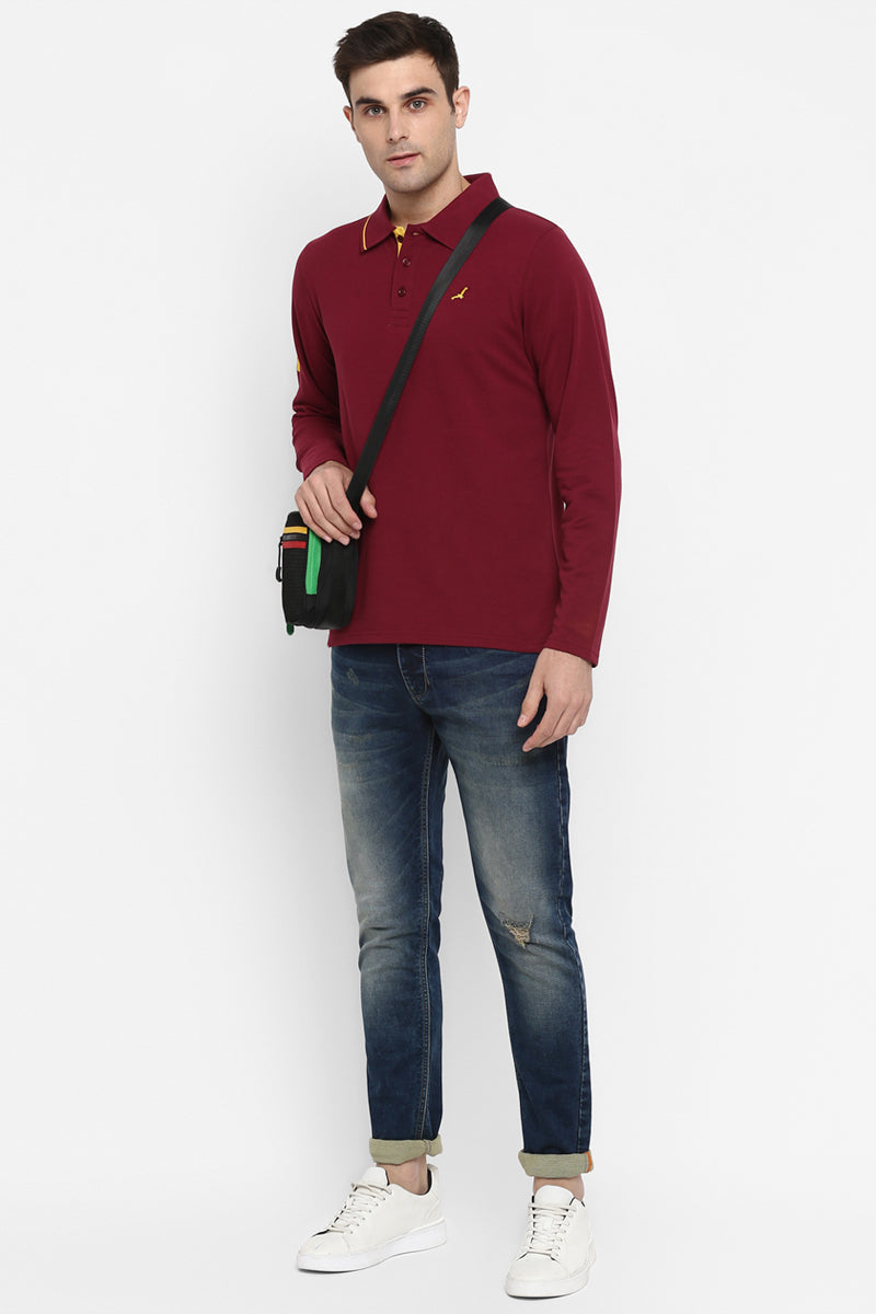 Men's Polo Collar Full Sleeves T-Shirt - Maroon