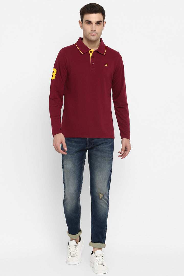 Men's Polo Collar Full Sleeves T-Shirt - Maroon