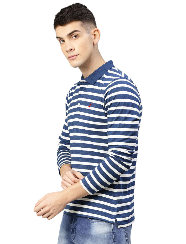 Men's Polo Collar Full Sleeves Yarn Dyed Striped Cotton T-Shirt - Navy / White