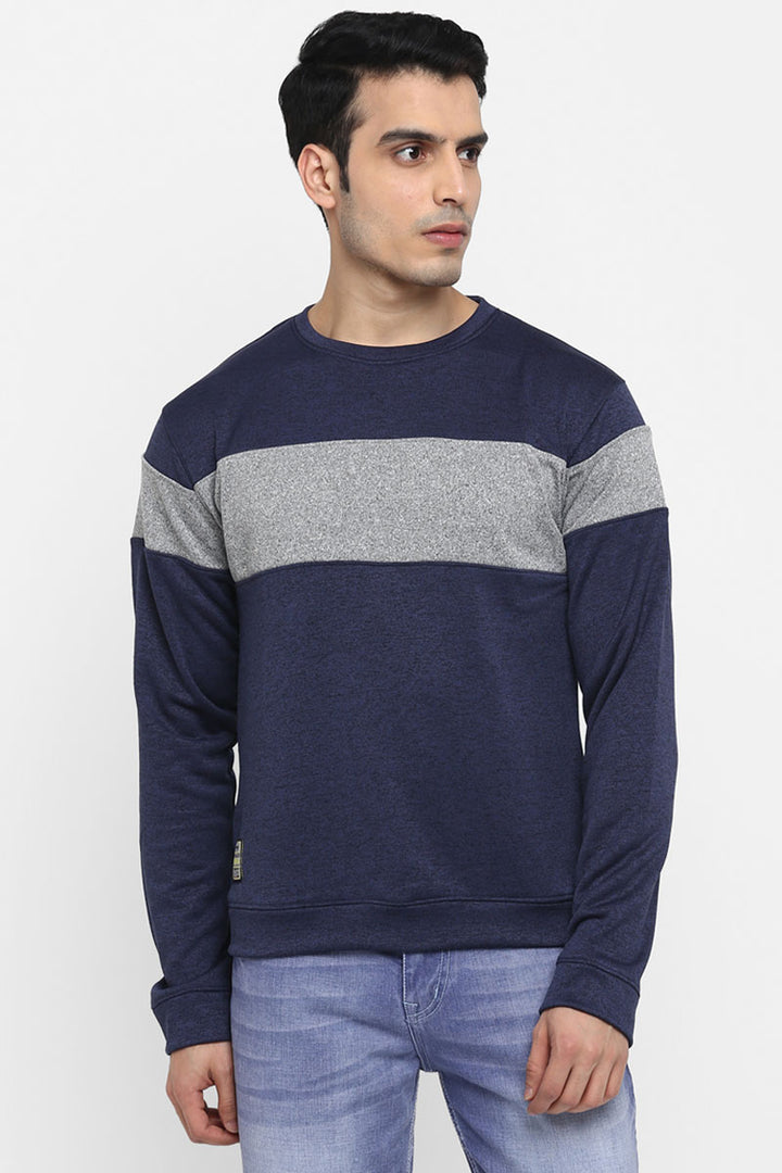 Men's Full Sleeves ColorBlock Round Neck Sweatshirt - Navy Melange