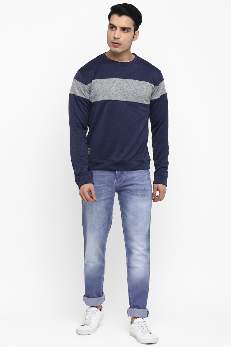 Men's Full Sleeves ColorBlock Round Neck Sweatshirt - Navy Melange