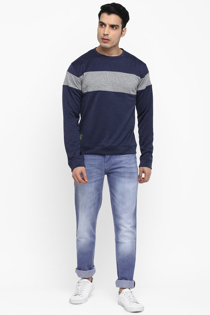 Men's Full Sleeves ColorBlock Round Neck Sweatshirt - Navy Melange