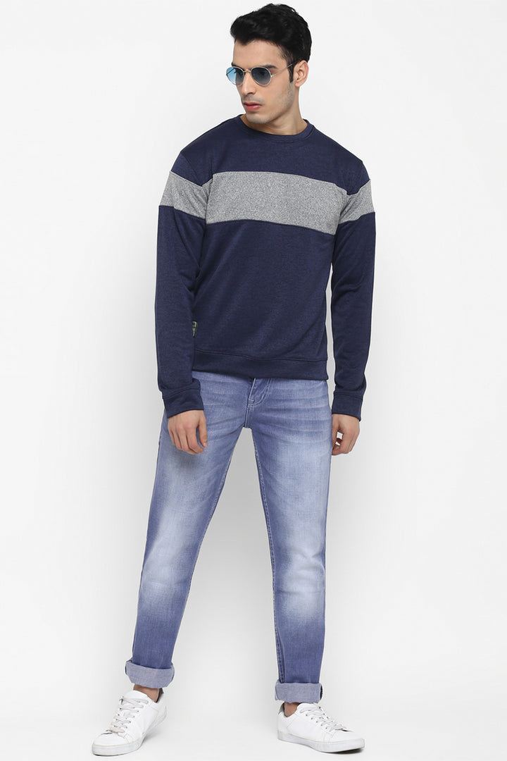 Men's Full Sleeves ColorBlock Round Neck Sweatshirt - Navy Melange