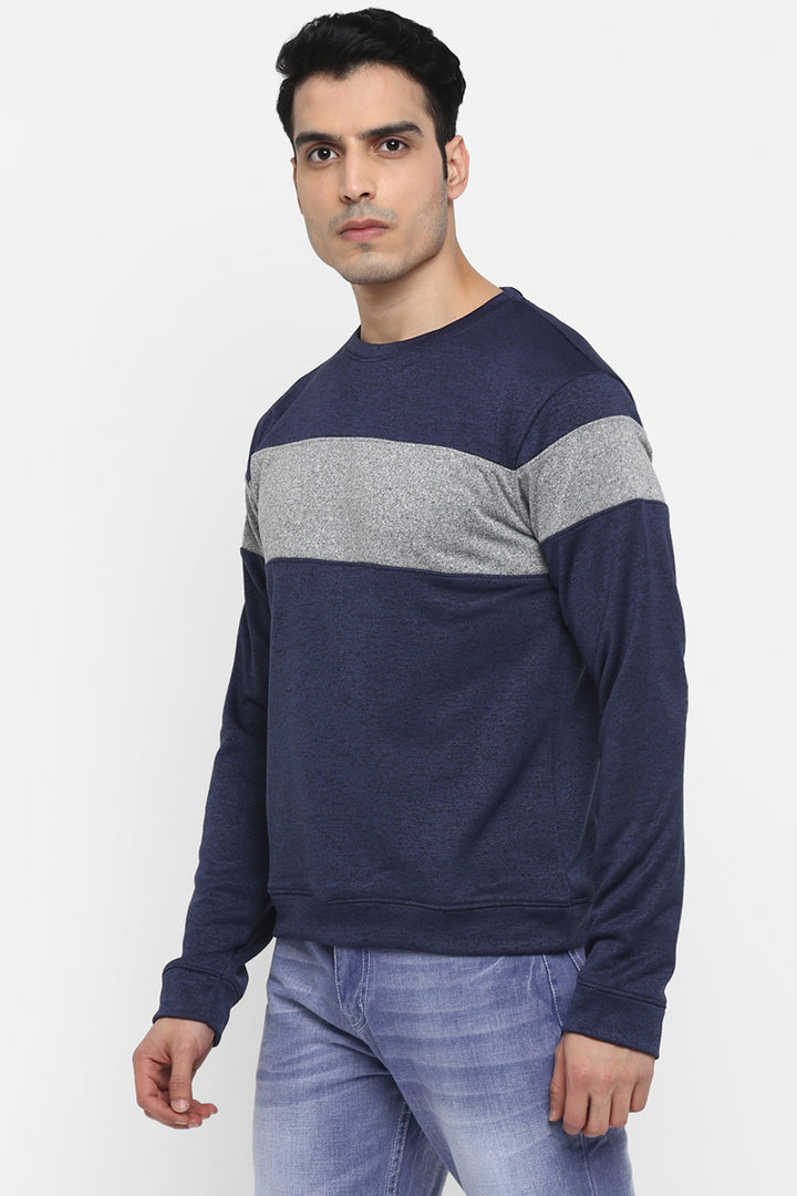 Men's Full Sleeves ColorBlock Round Neck Sweatshirt - Navy Melange