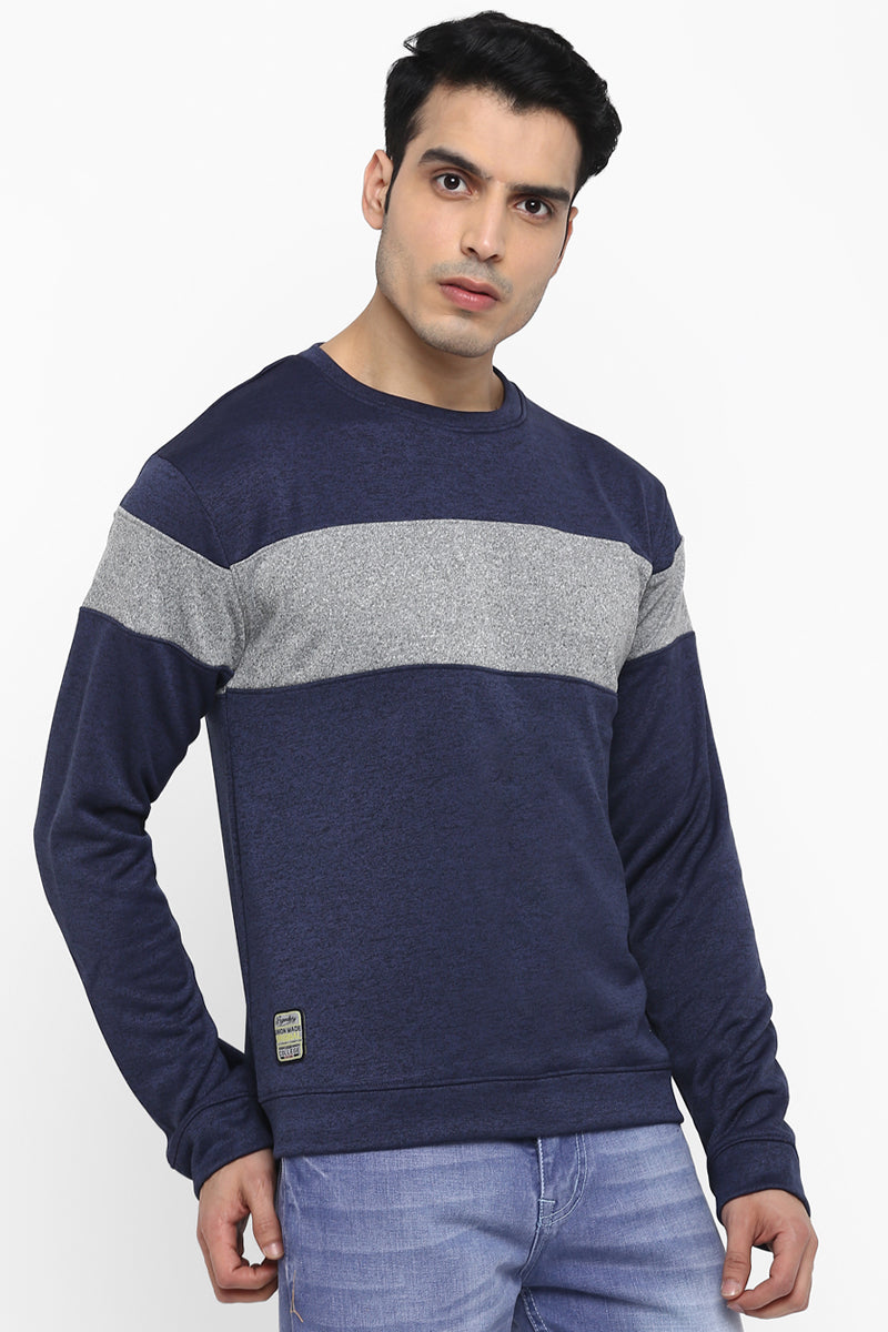 Men's Full Sleeves ColorBlock Round Neck Sweatshirt - Navy Melange