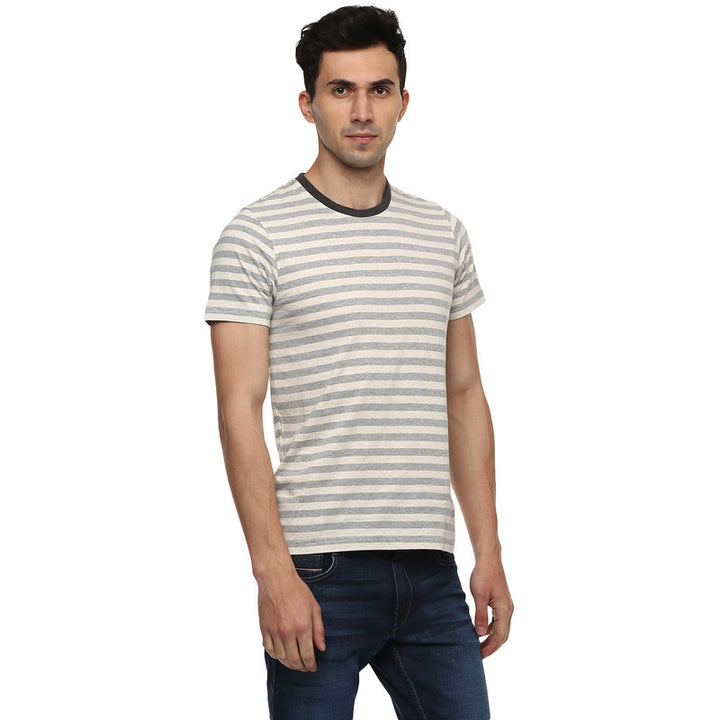 Men's Round Neck T-Shirt - Grey Melange & Off White