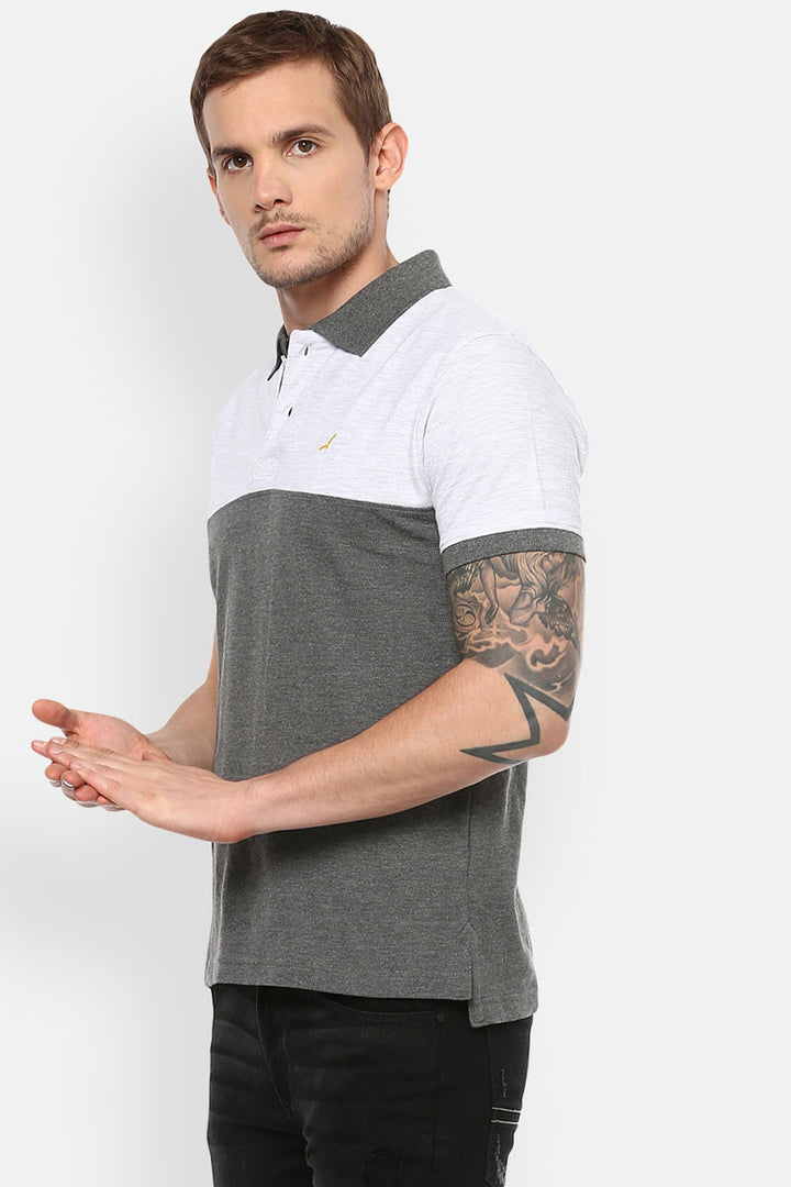 Men's Polo Collar T-Shirt - Ecru Melange & Charcoal Melange