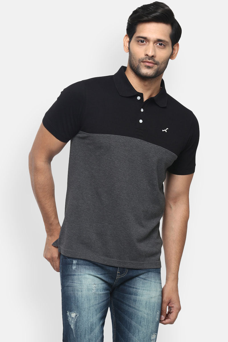 Men's Polo Collar T-Shirt - Black & Charcoal Melange