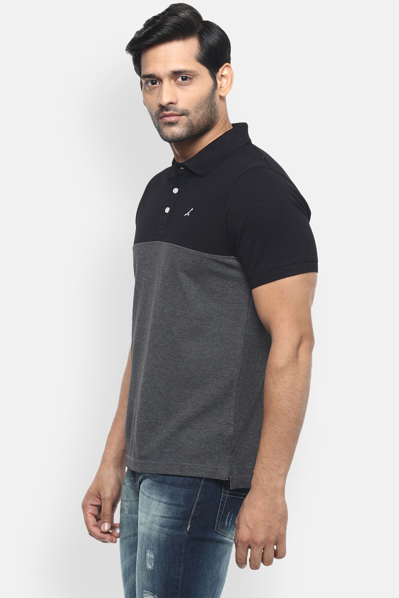 Men's Polo Collar T-Shirt - Black & Charcoal Melange