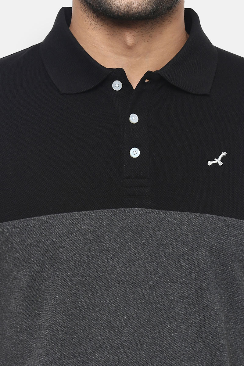 Men's Polo Collar T-Shirt - Black & Charcoal Melange