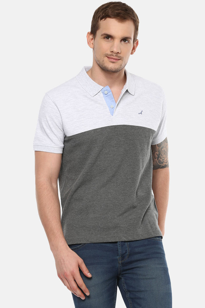 Men's Polo Collar T-Shirt - Ecru Melange & Charcoal Melange