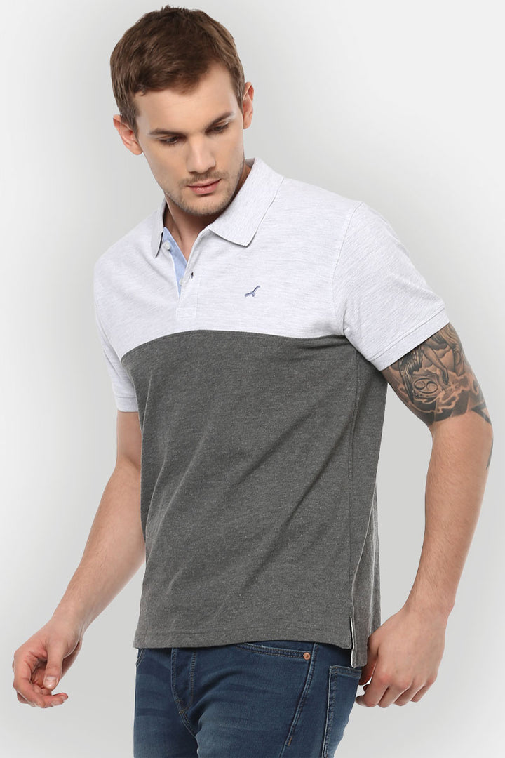 Men's Polo Collar T-Shirt - Ecru Melange & Charcoal Melange