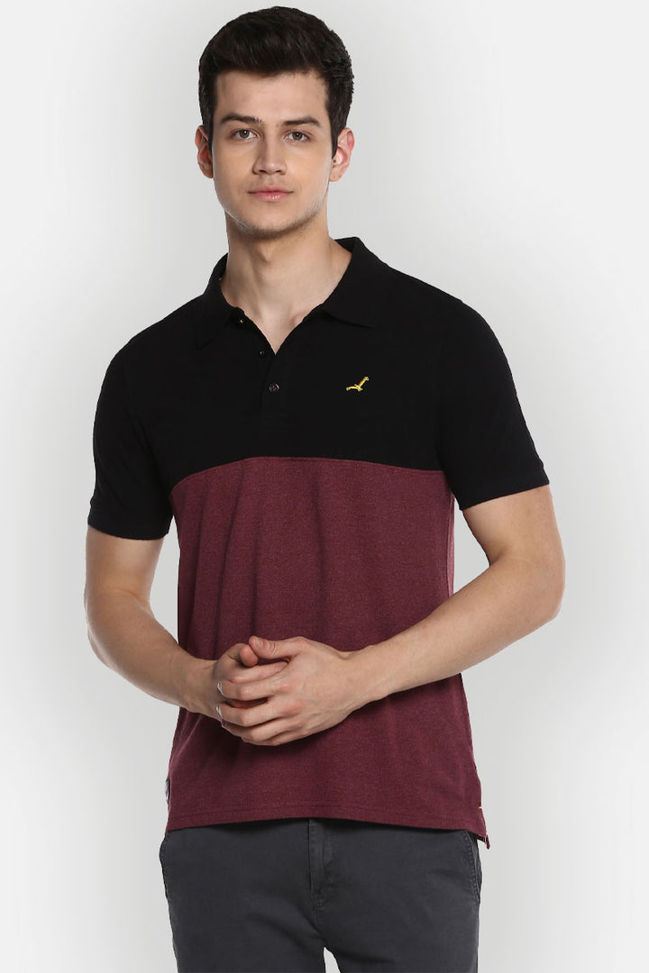 Men's Polo Collar T-Shirt - Black & Burgundy Melange