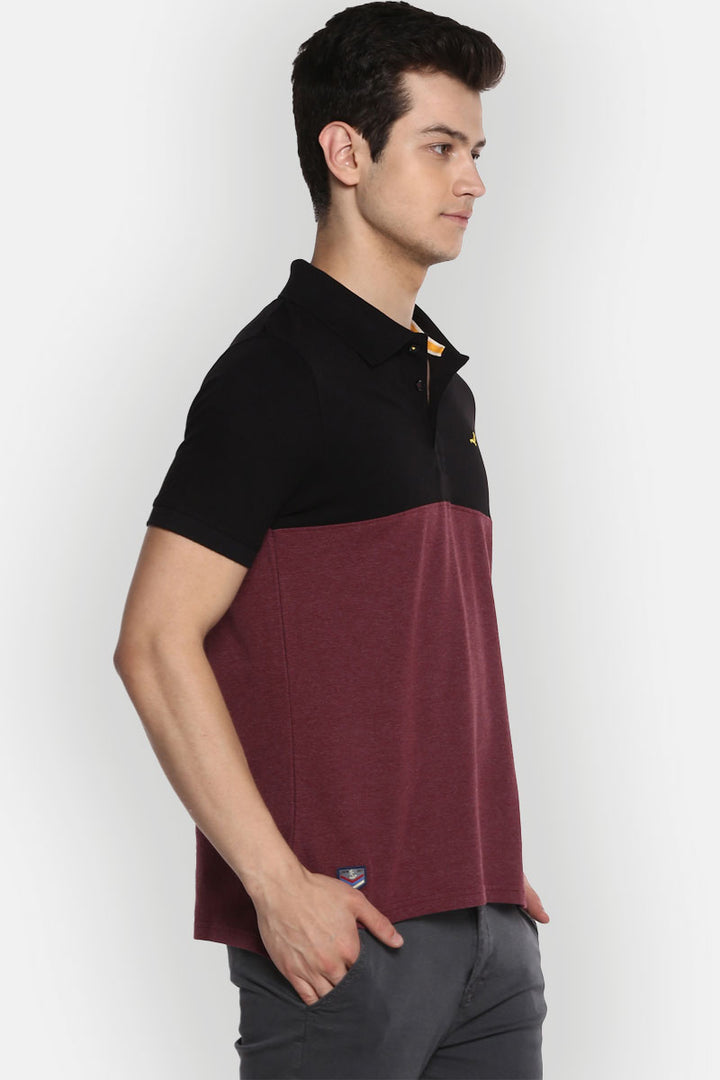 Men's Polo Collar T-Shirt - Black & Burgundy Melange