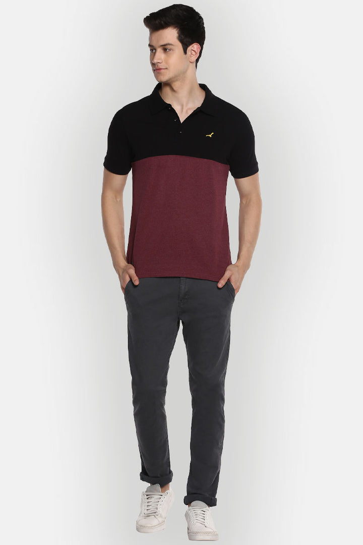 Men's Polo Collar T-Shirt - Black & Burgundy Melange