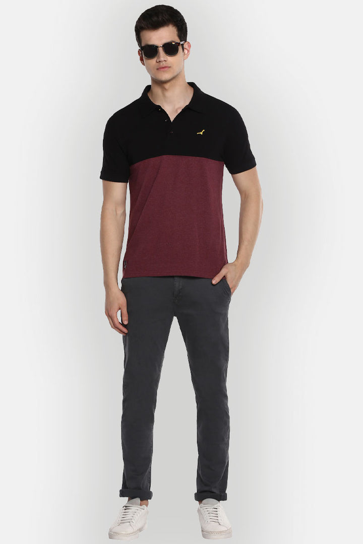 Men's Polo Collar T-Shirt - Black & Burgundy Melange