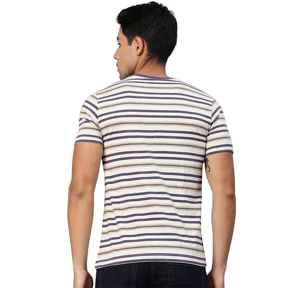 Men's V Neck T-Shirt - Ecru, Blue & Brown Melange (No Exchange No Return)