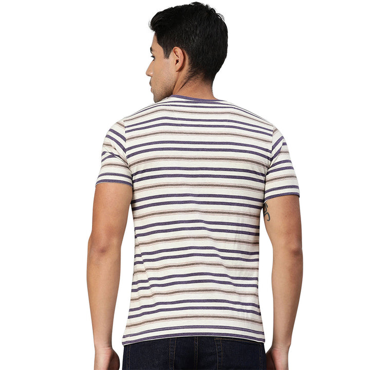 Men's V Neck T-Shirt - Ecru, Blue & Brown Melange (No Exchange No Return)