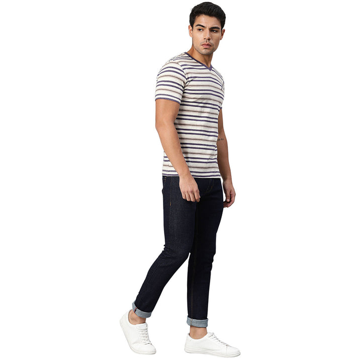 Men's V Neck T-Shirt - Ecru, Blue & Brown Melange (No Exchange No Return)