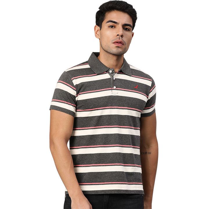 Men's Polo Collar T-Shirt - Charcoal & Ecru Melange