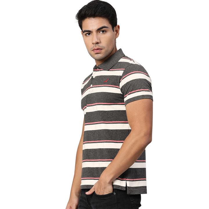 Men's Polo Collar T-Shirt - Charcoal & Ecru Melange