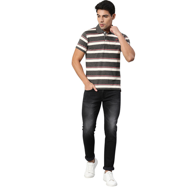 Men's Polo Collar T-Shirt - Charcoal & Ecru Melange