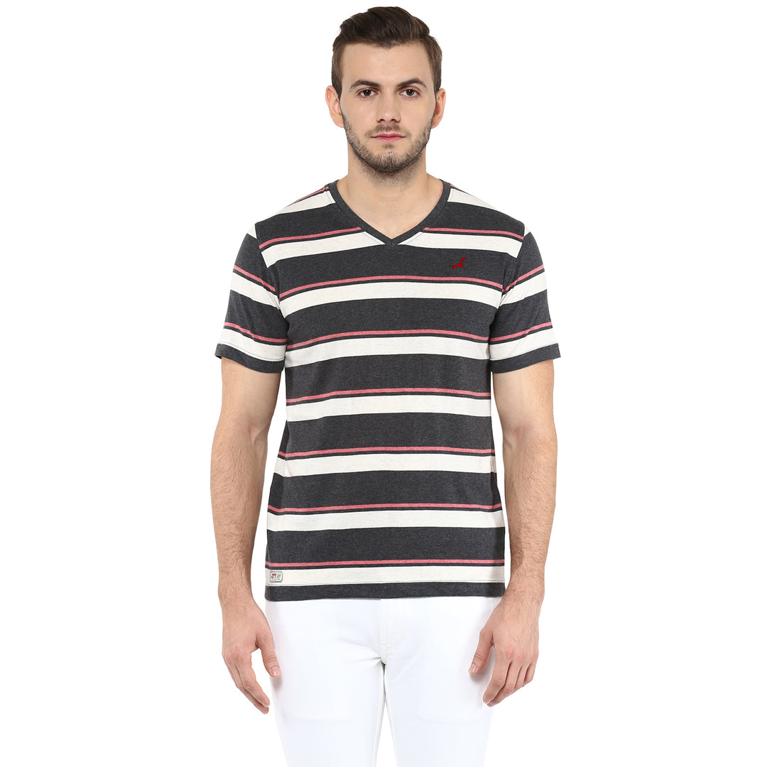 V Neck T-Shirt for Men - Off White, Charcoal & Brick Red Melange (No Exchange No Return)
