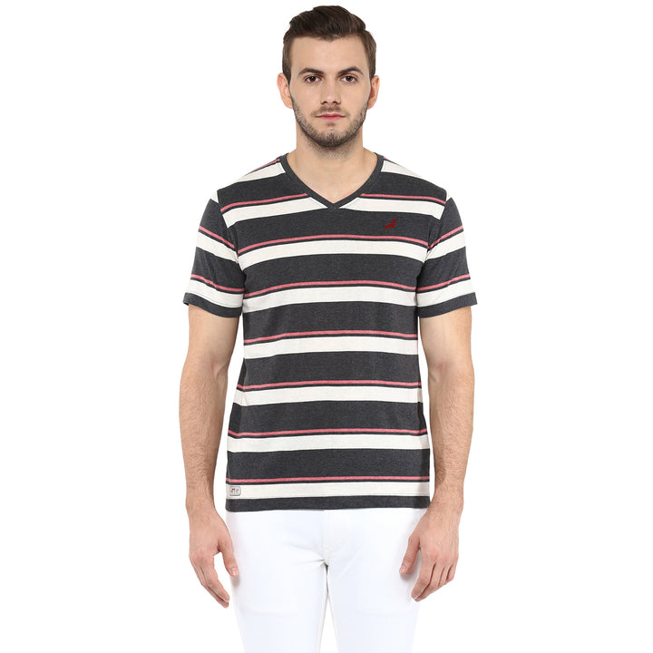 V Neck T-Shirt for Men - Off White, Charcoal & Brick Red Melange (No Exchange No Return)