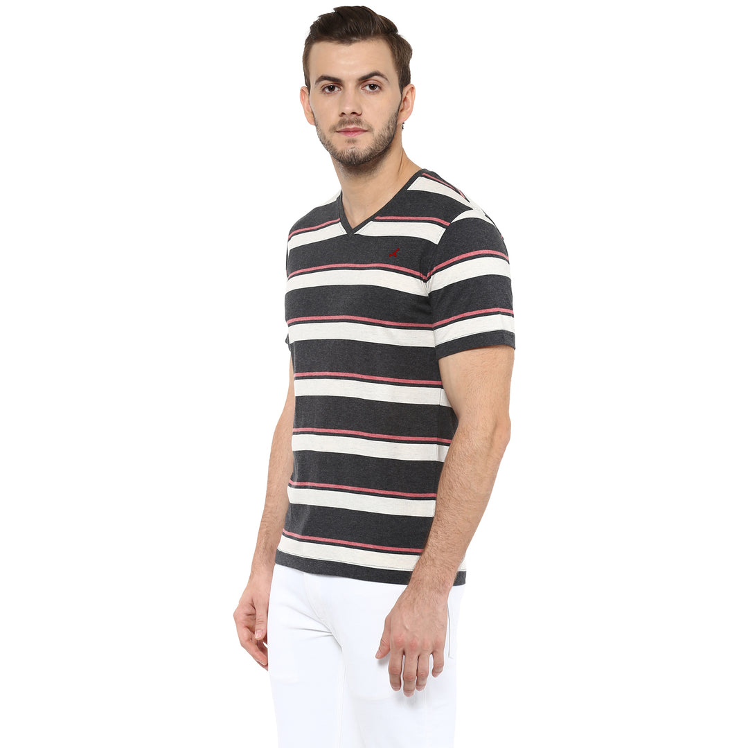V Neck T-Shirt for Men - Off White, Charcoal & Brick Red Melange (No Exchange No Return)