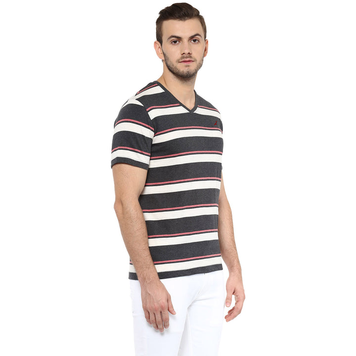V Neck T-Shirt for Men - Off White, Charcoal & Brick Red Melange (No Exchange No Return)