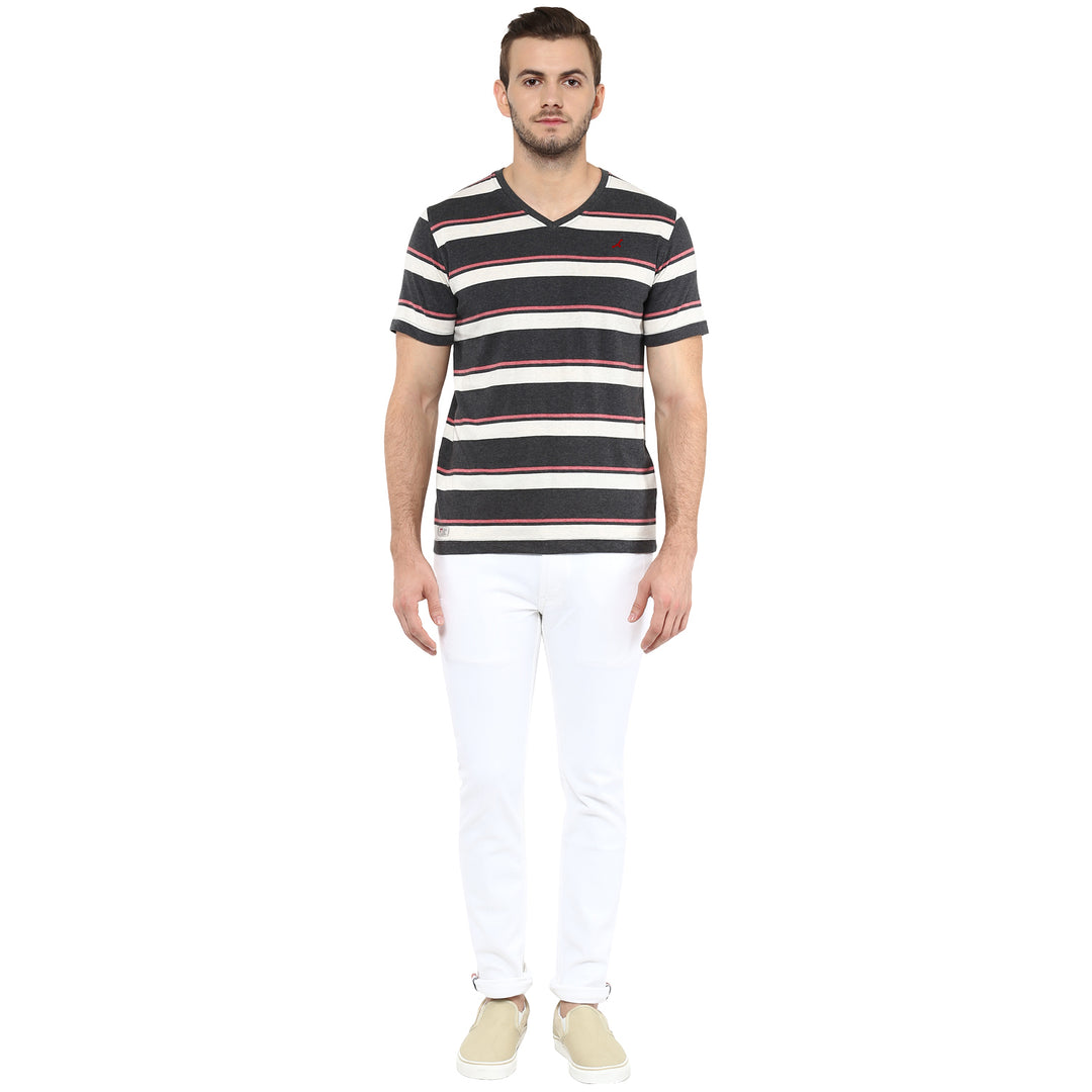V Neck T-Shirt for Men - Off White, Charcoal & Brick Red Melange (No Exchange No Return)