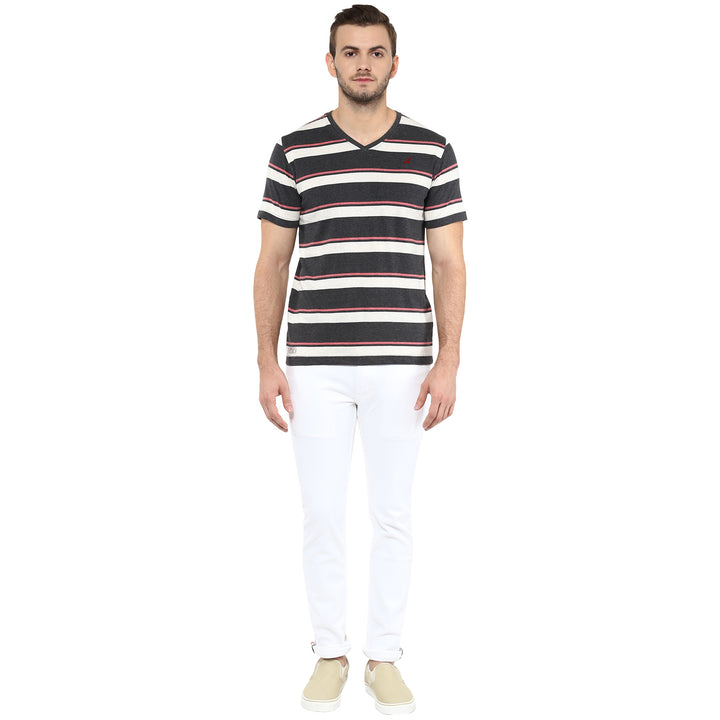 V Neck T-Shirt for Men - Off White, Charcoal & Brick Red Melange (No Exchange No Return)
