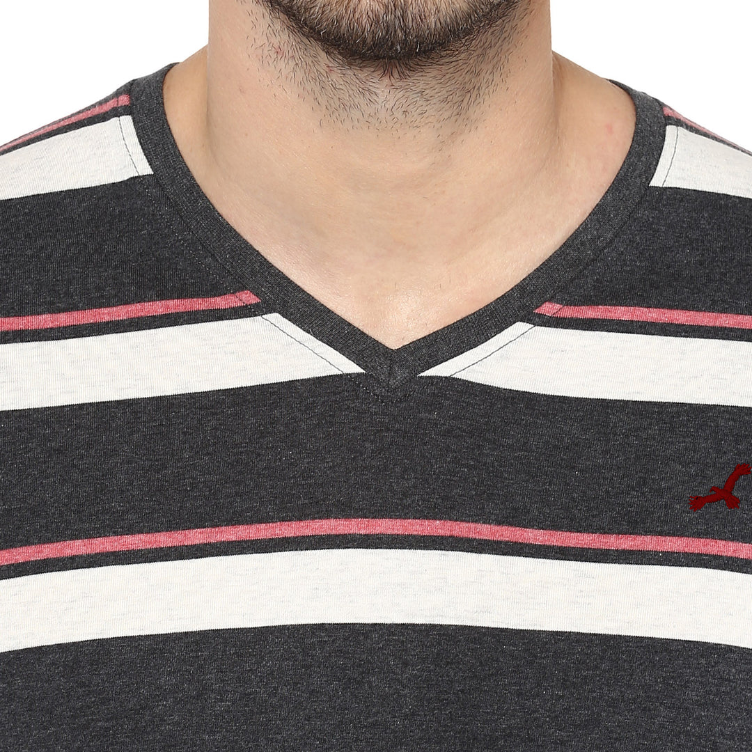 V Neck T-Shirt for Men - Off White, Charcoal & Brick Red Melange (No Exchange No Return)